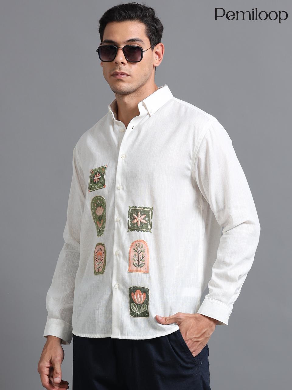 Ivory Handcrafted Motif Linen Shirt