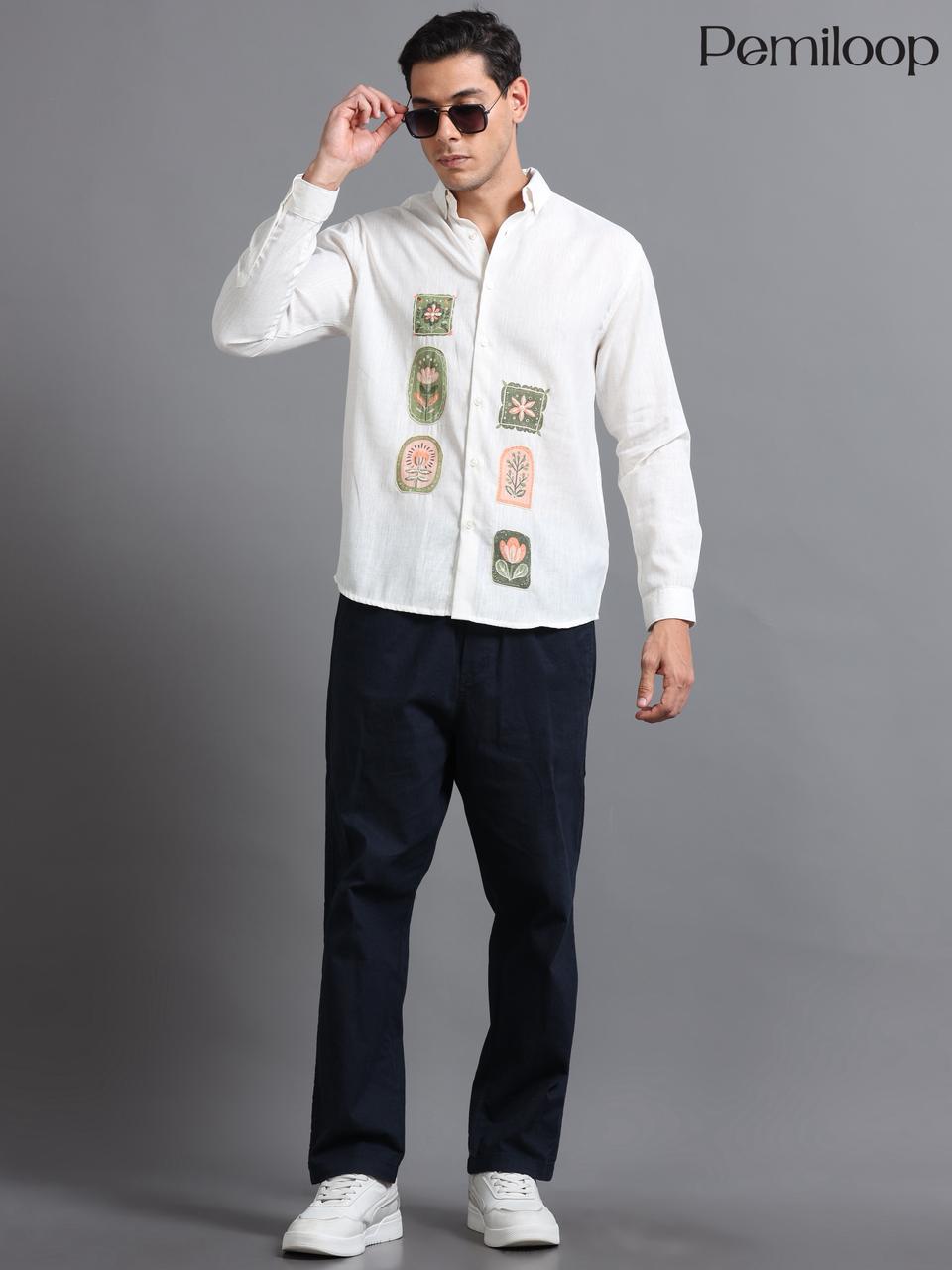 Ivory Handcrafted Motif Linen Shirt - Image 3