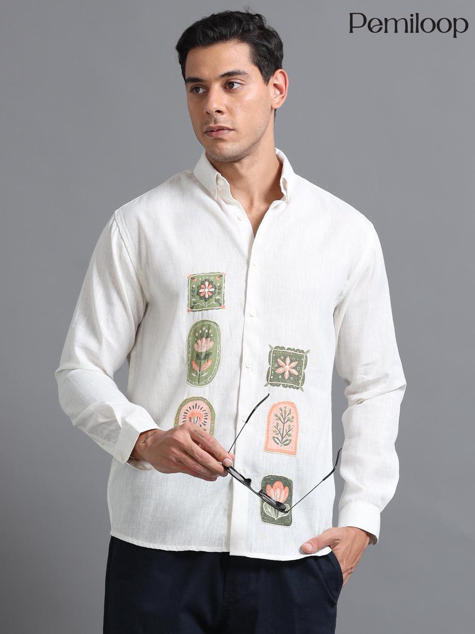 Ivory Handcrafted Motif Linen Shirt - Image 2