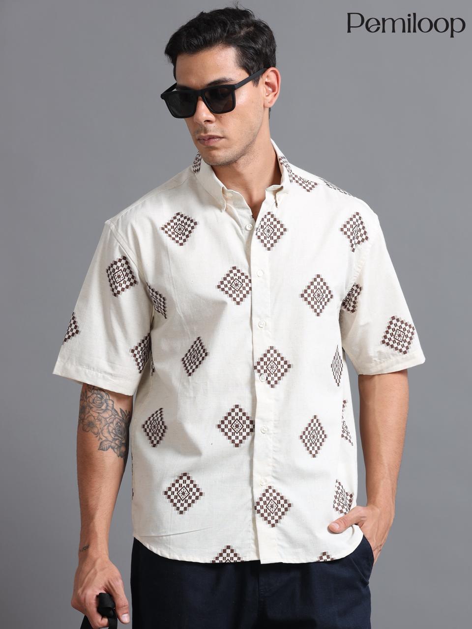 Ivory Geo-Print Linen Shirt
