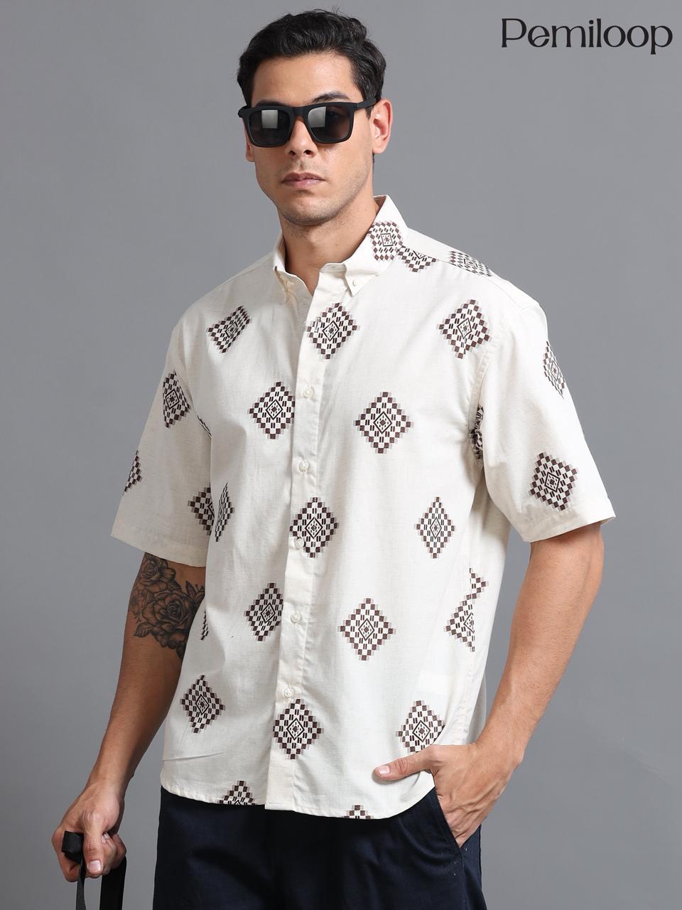 Ivory Geo-Print Linen Shirt - Image 2
