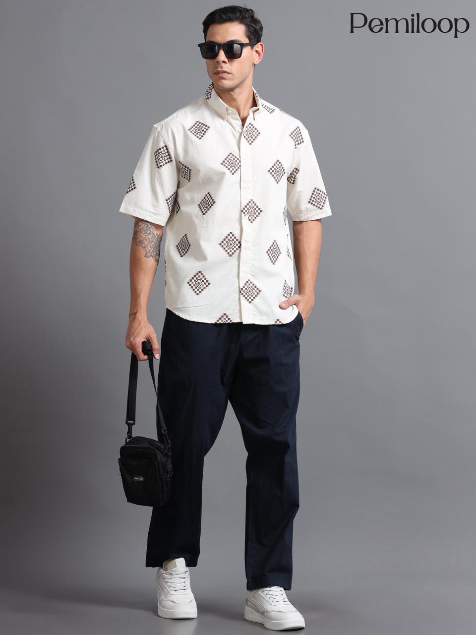 Ivory Geo-Print Linen Shirt - Image 3